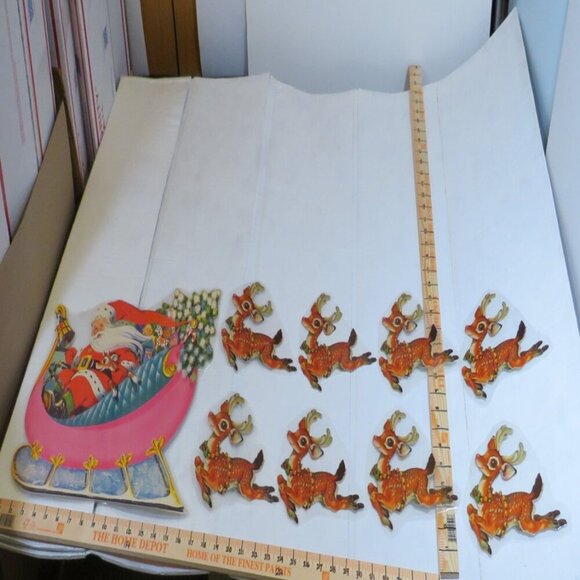 Santa & (8) Reindeer LAMINATED printed on cardboard. 1980s or older display - Picture 1 of 7